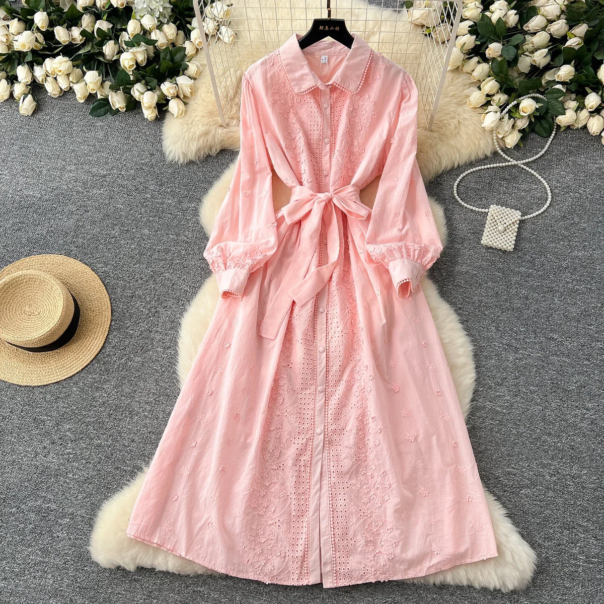 Embroidered Collared Lantern Sleeve Maxi Dress