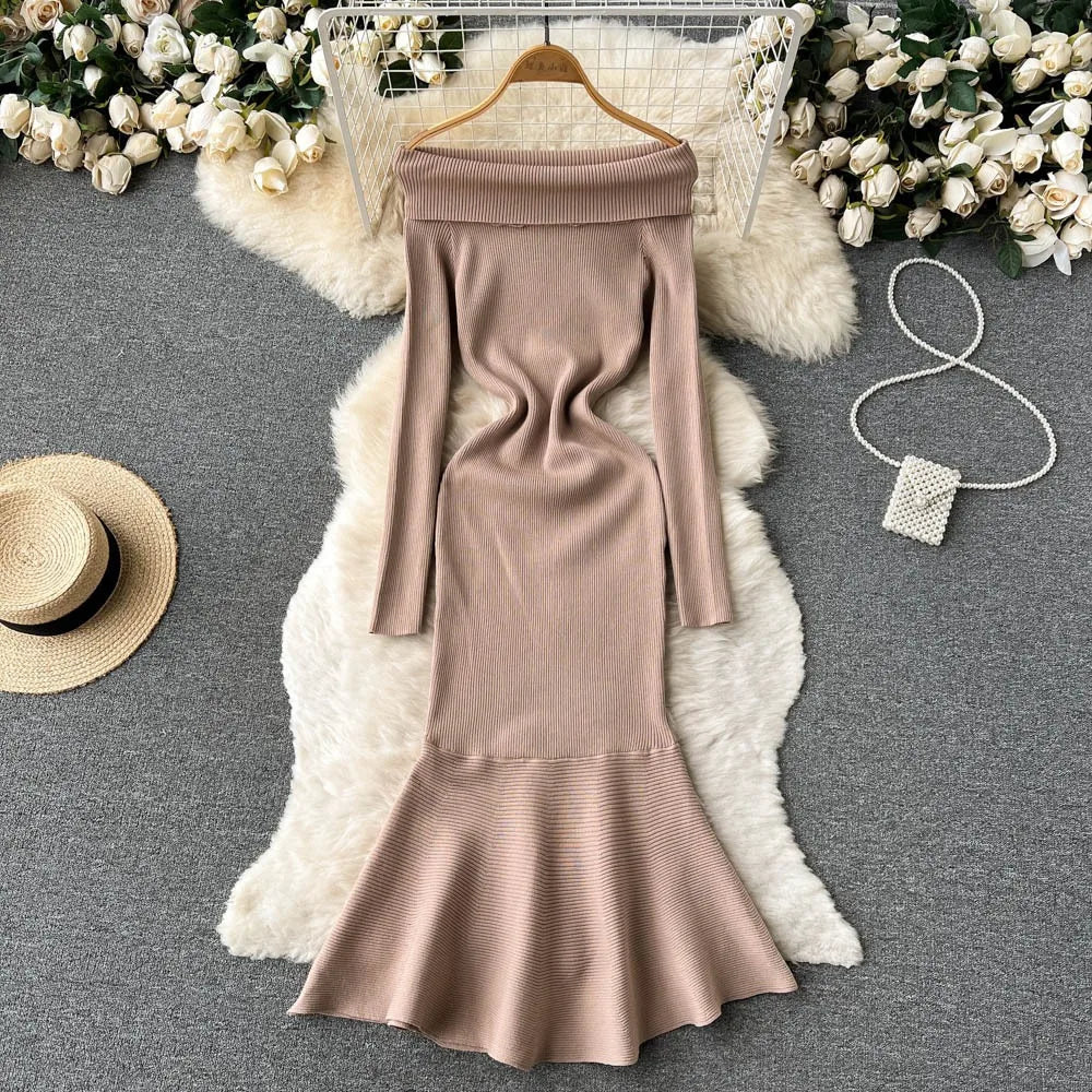 Off-Shoulder Long Sleeve Knit Mermaid Dress