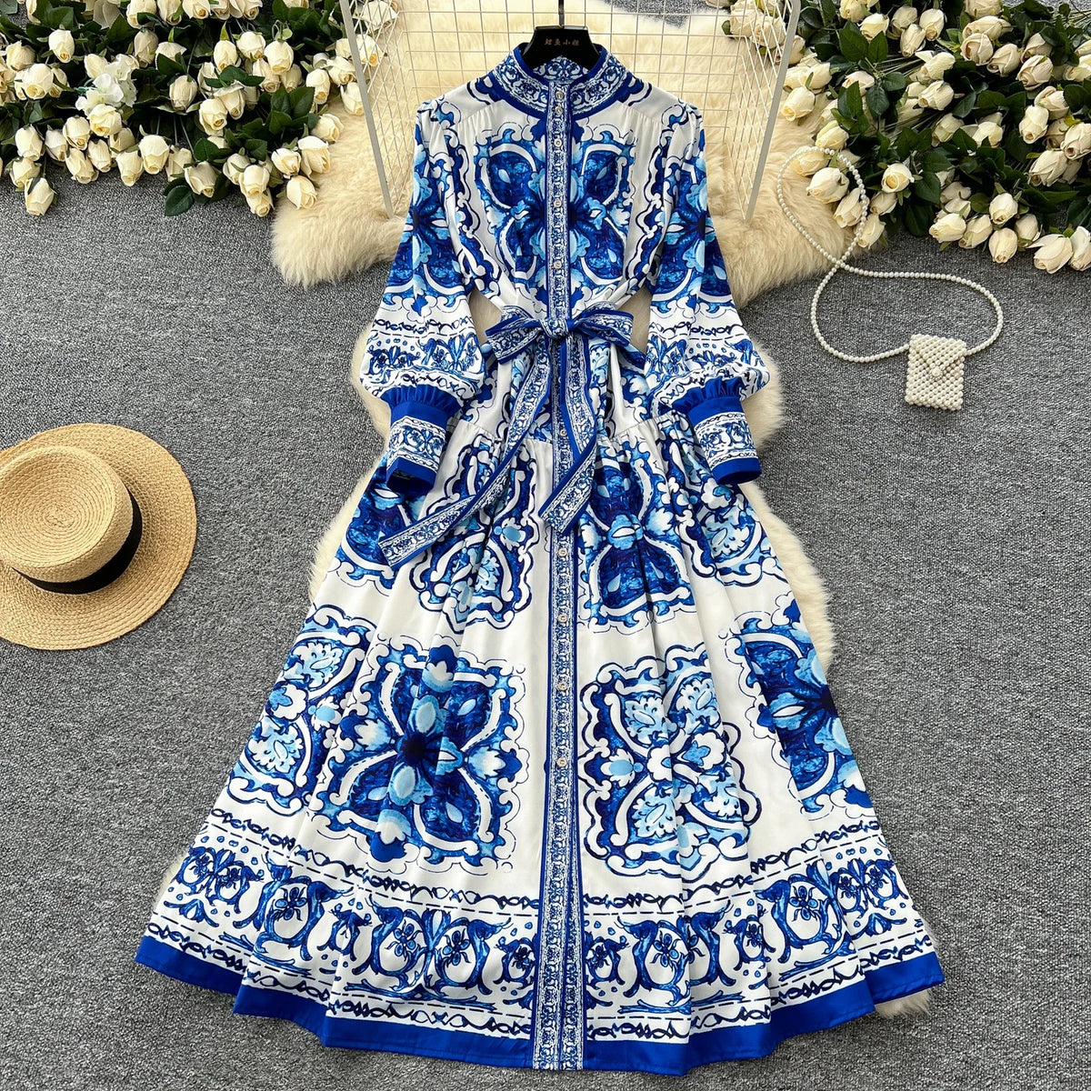 Stand Collar Print Button Front Maxi Dress