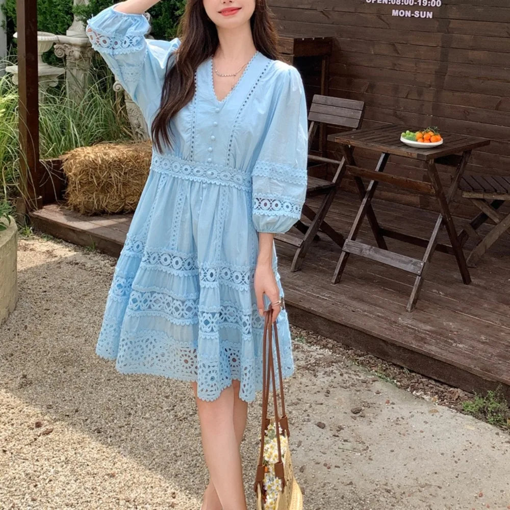 Lace V-Neck Lantern Sleeve Puff Dress