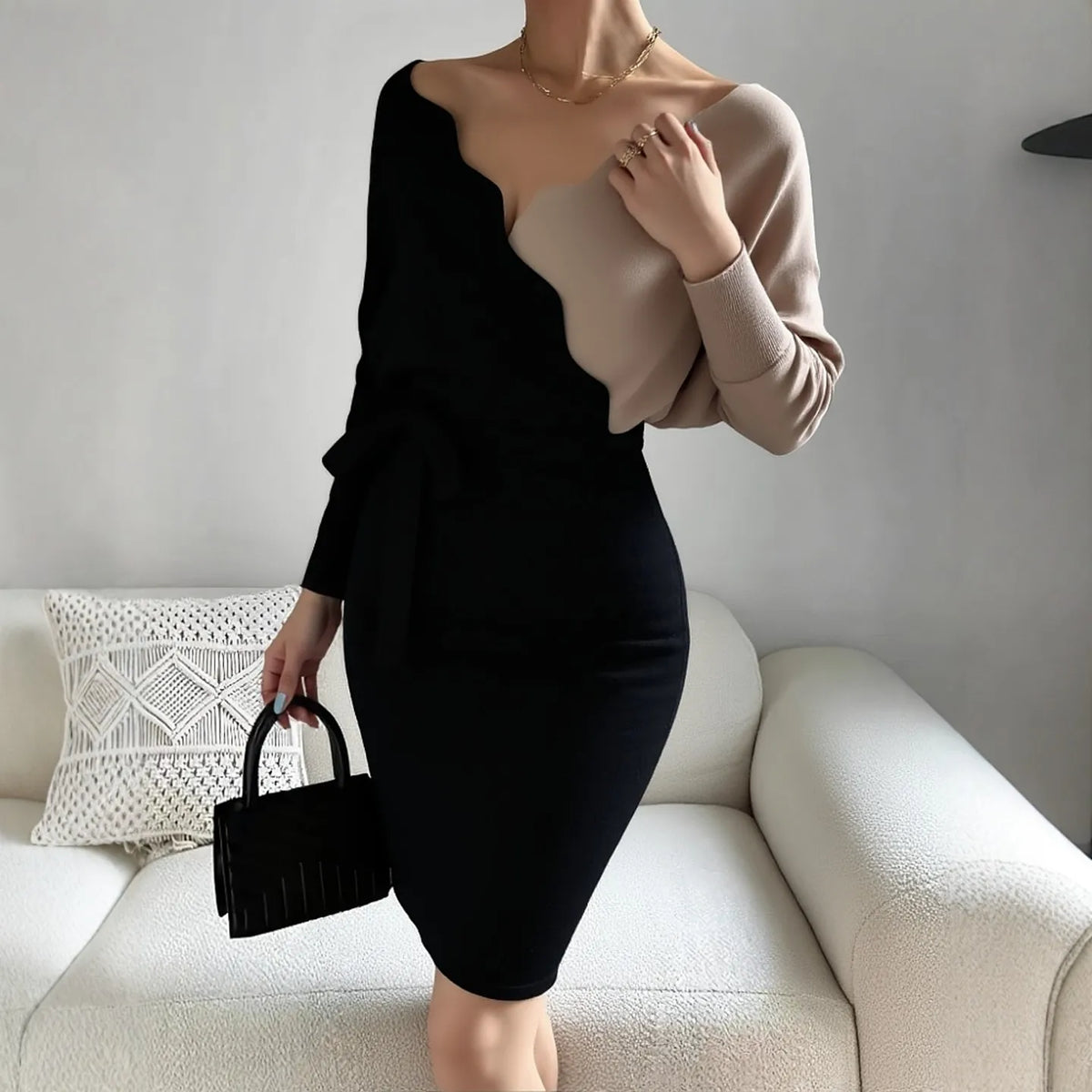 Batwing Sleeve Patchwork Knit Mini Dress