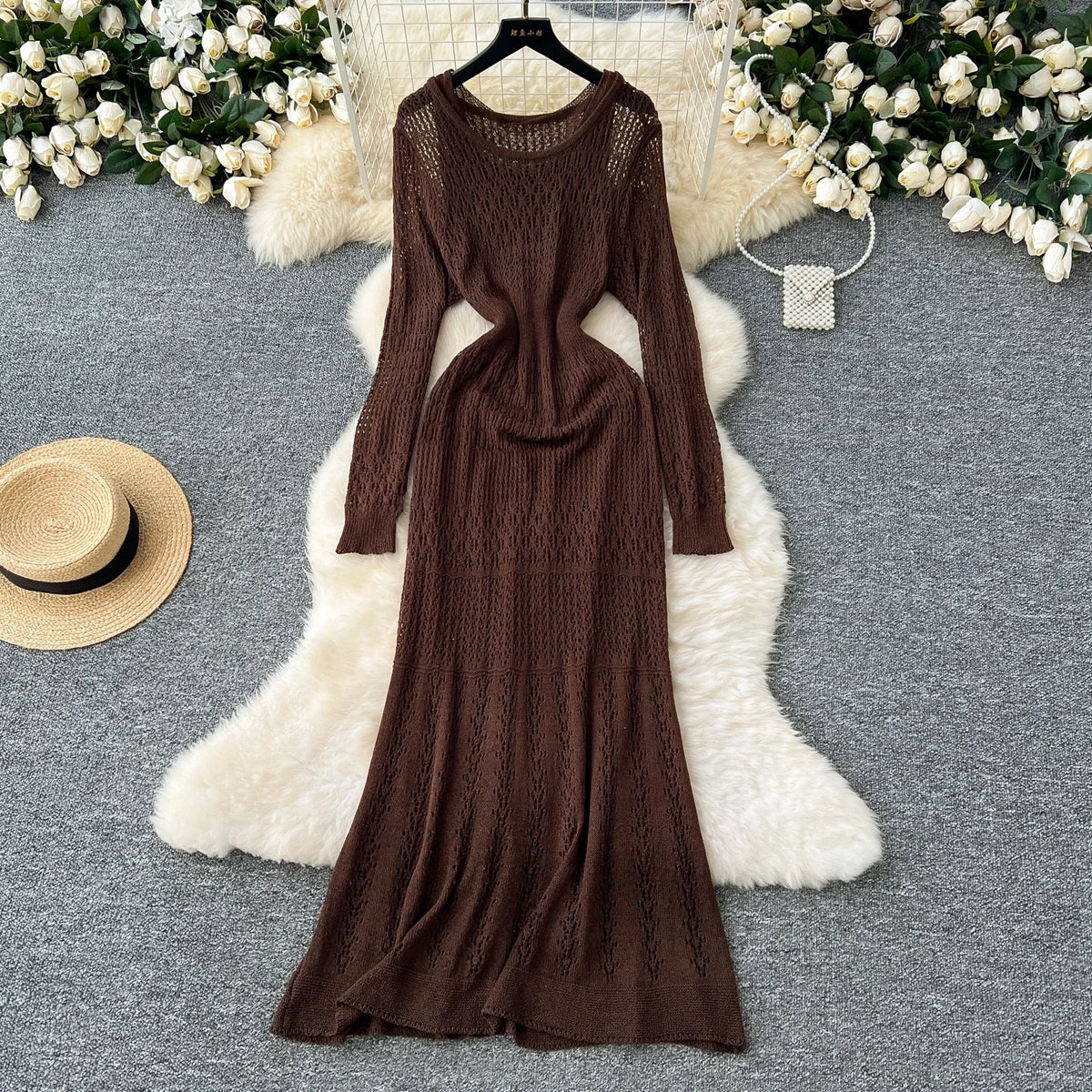 Openwork Knit Long Sleeve Dress
