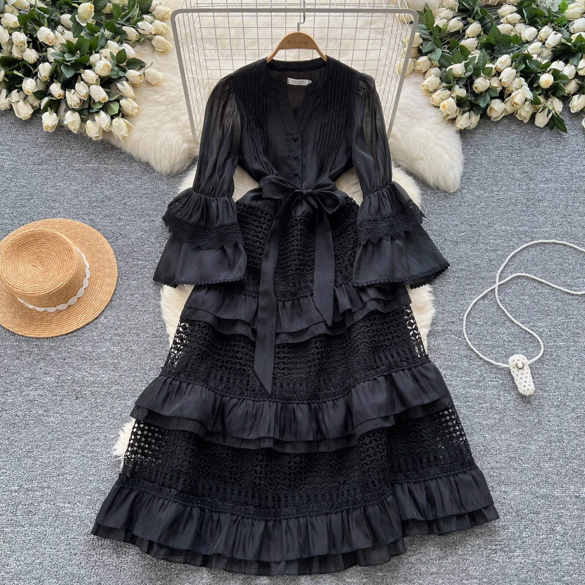 Lace V-Neck Flare Sleeve Tiered Maxi Dress