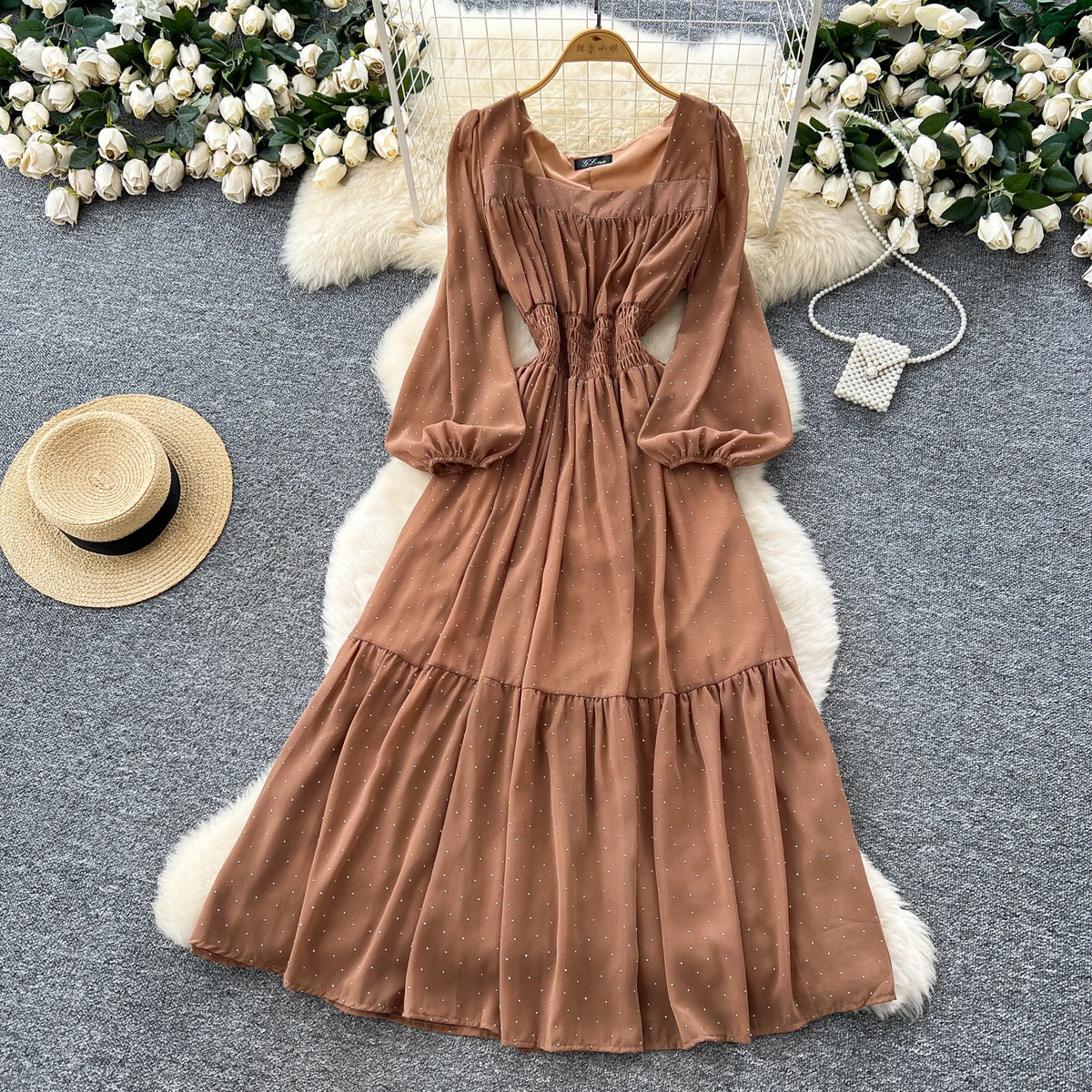 Rhinestone Square Neck A-Line Dress