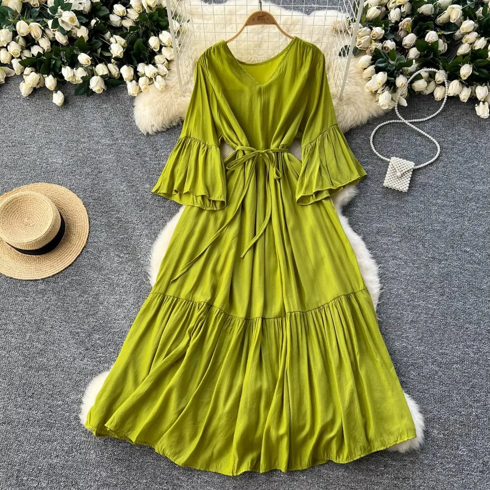 Print Ruffle Flare Sleeve Maxi Dress