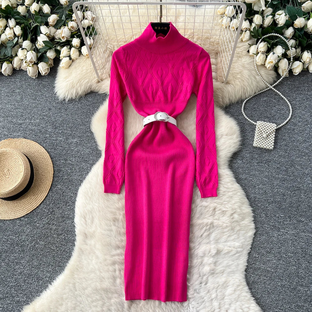 Belted Knit Long Sleeve Pencil Dress