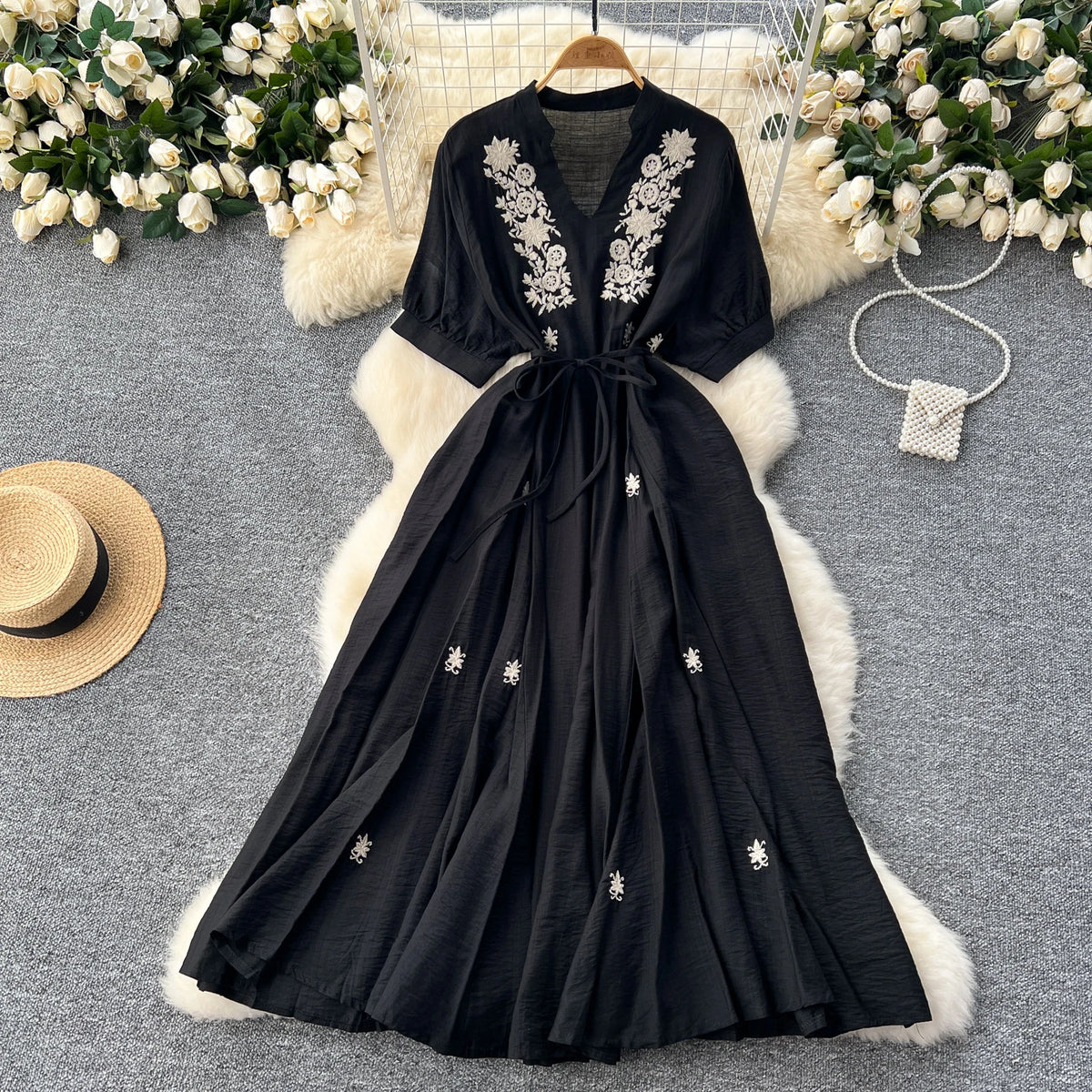 Embroidered V-Neck Puff Sleeve Beach Dress