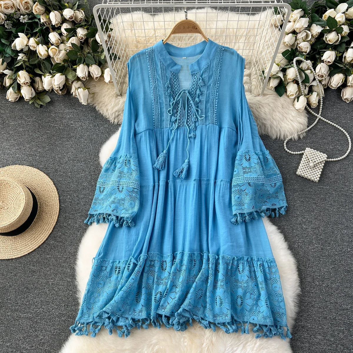 Lace Tassel Flare Sleeve V-Neck Dress
