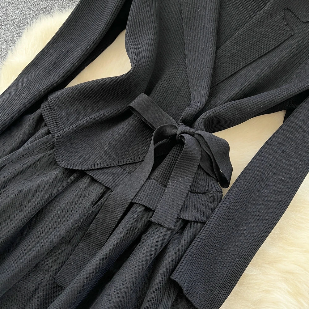 Mesh Spliced Long Sleeve Vintage Dress