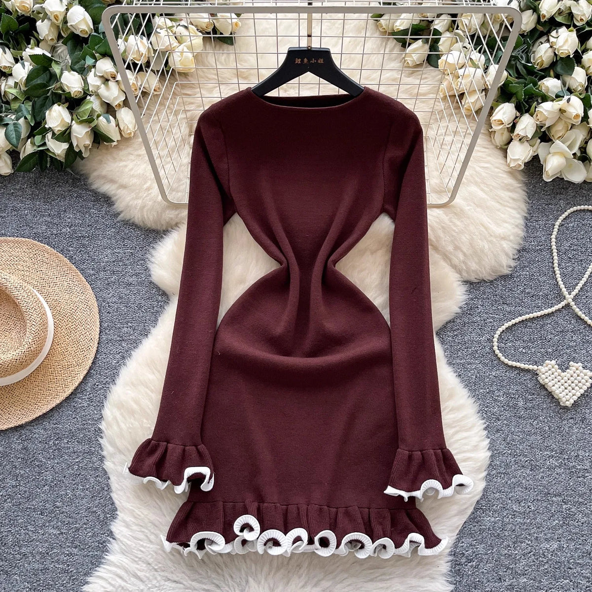 Crew Neck Ruffled Knit Bodycon Mini Dress