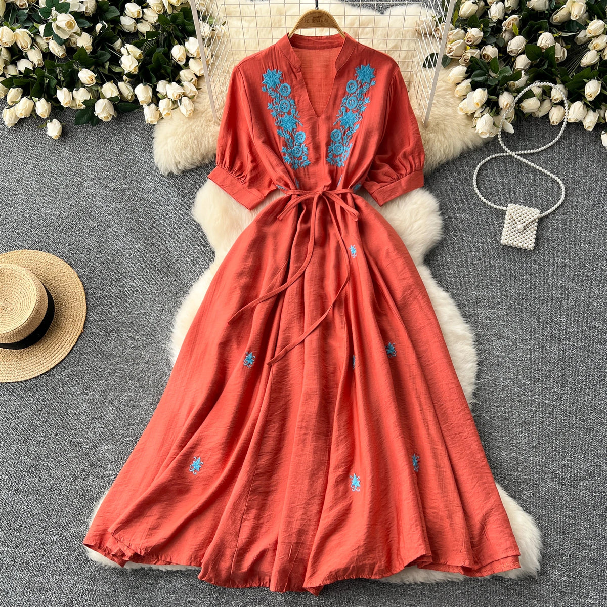 Embroidered V-Neck Puff Sleeve Beach Dress