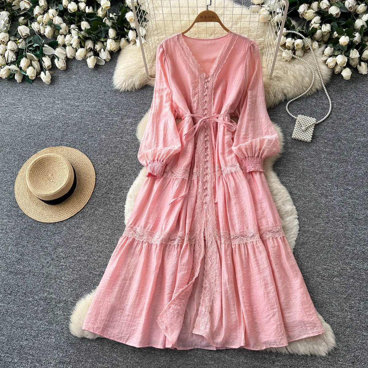 Lace V-Neck High Waist A-Line Dress