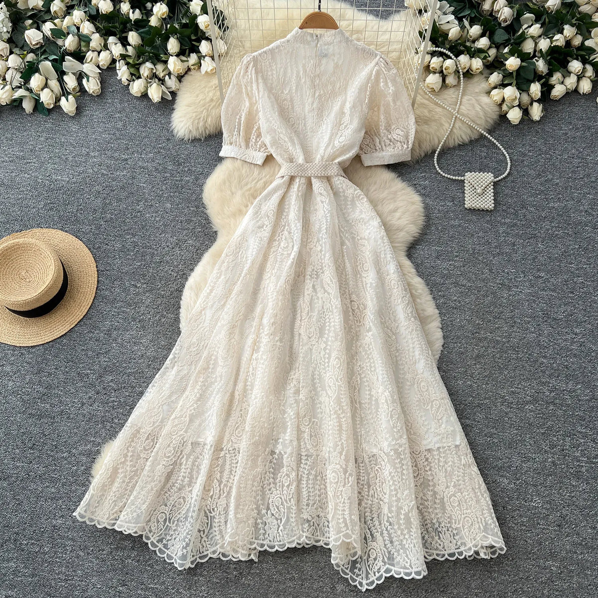 Beaded Embroidered Short Sleeve A-Line Dress