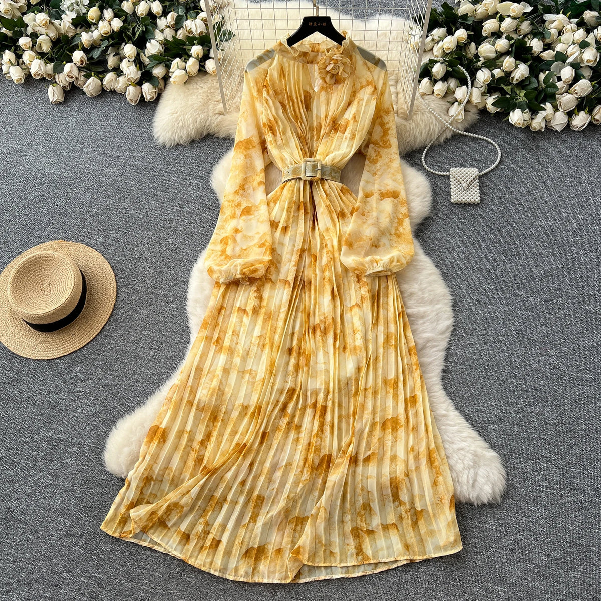 Pleated Print Lantern Sleeve Birthday Dress