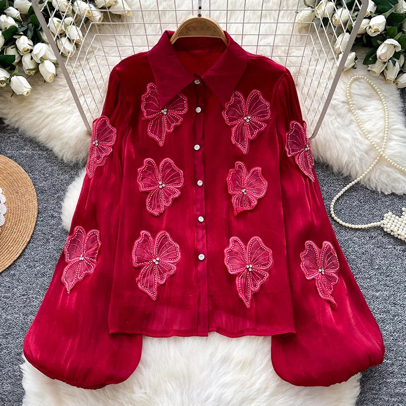 3D Floral Long Sleeve Blouse