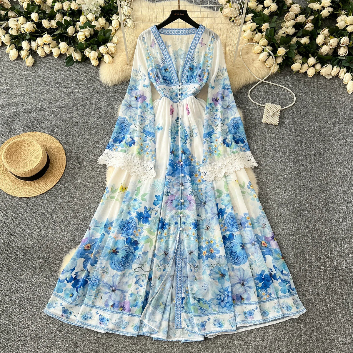 Print Deep V-Neck Flare Sleeve Long Dress