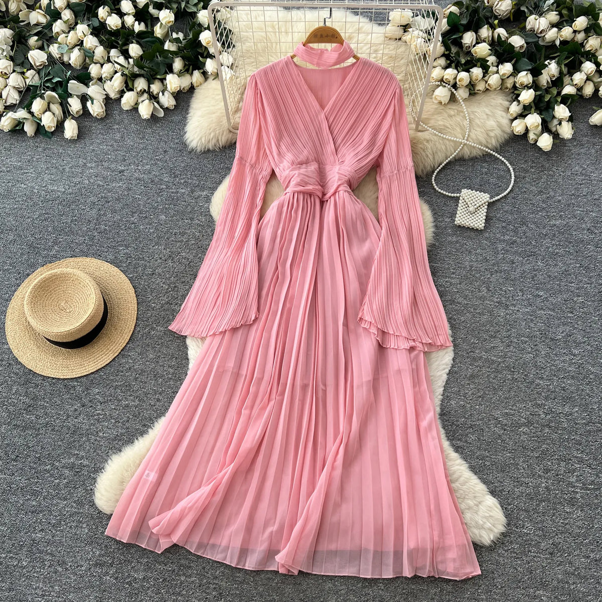 Pleated Flare Sleeve Swing Dress