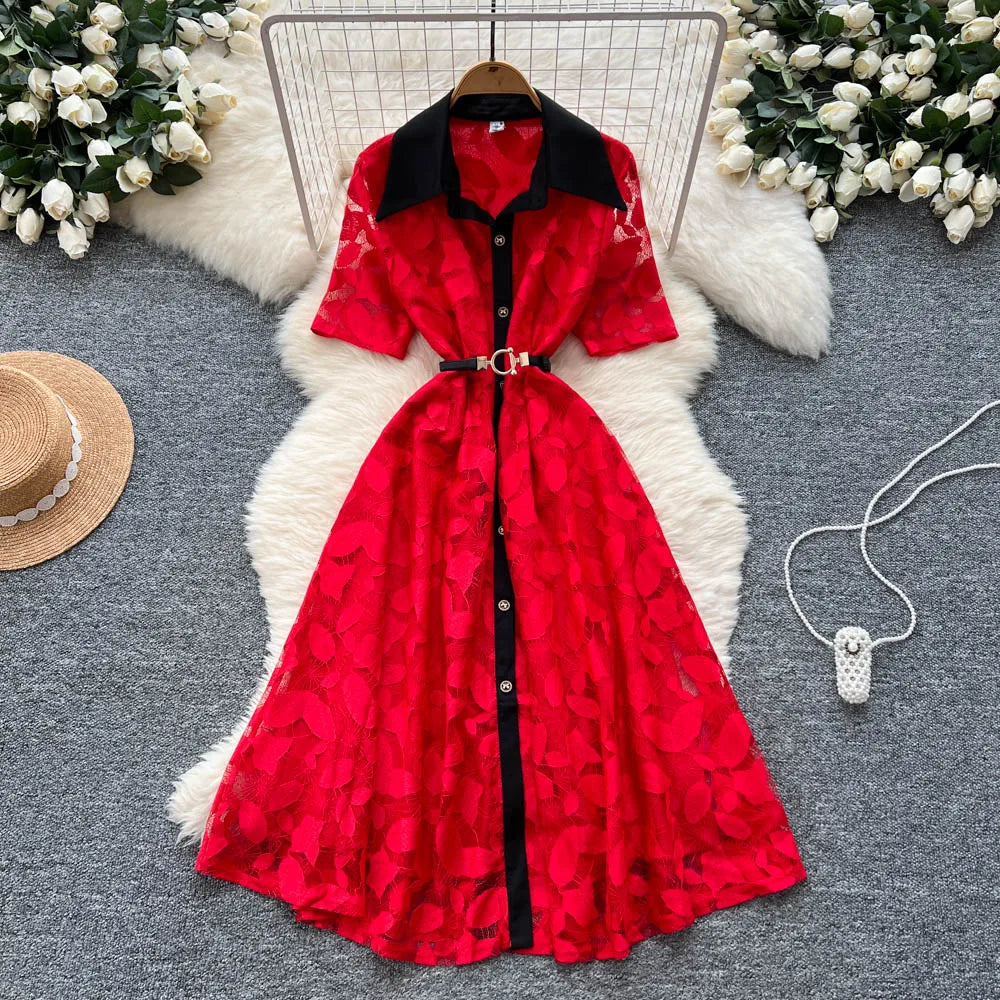 Lace Patchwork Short Sleeve Maxi Dress