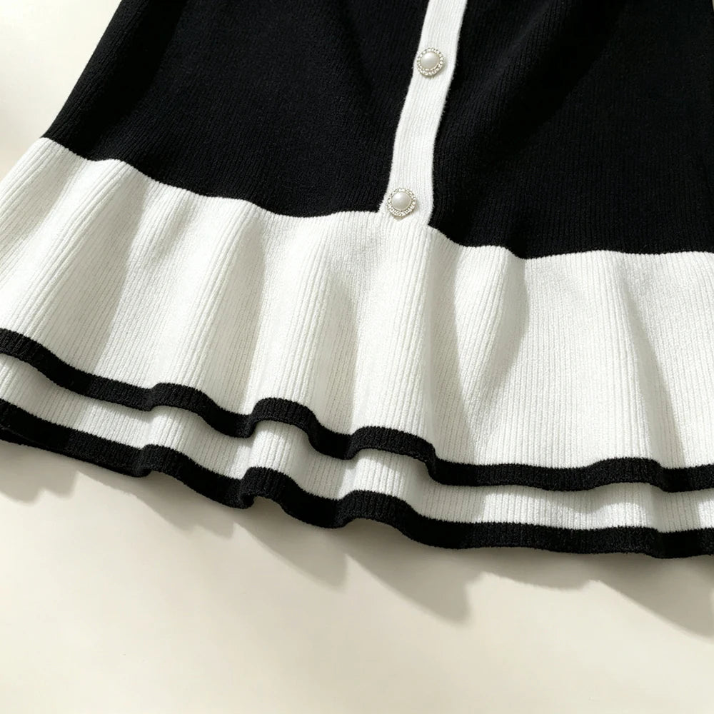 Black And White Patchwork Knit Mini Shirt Dress
