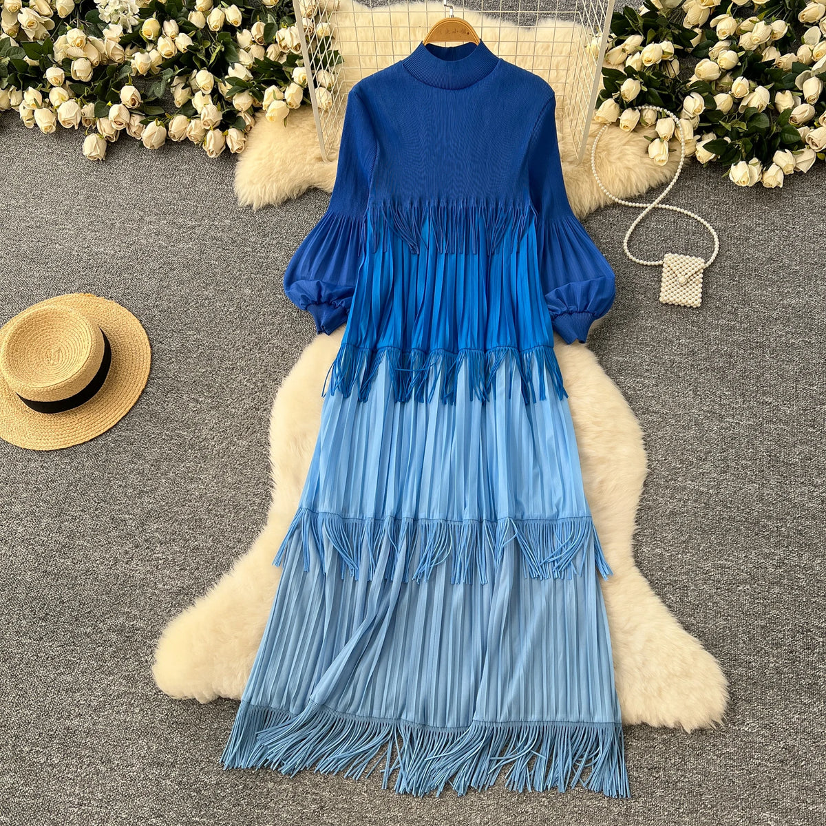 Tassel Patchwork Lantern Sleeve Dress