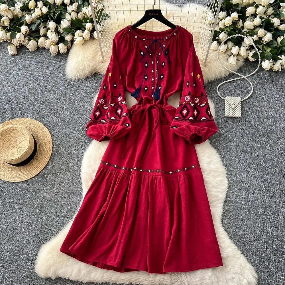Embroidered Ruffle Lace-Up Maxi Dress