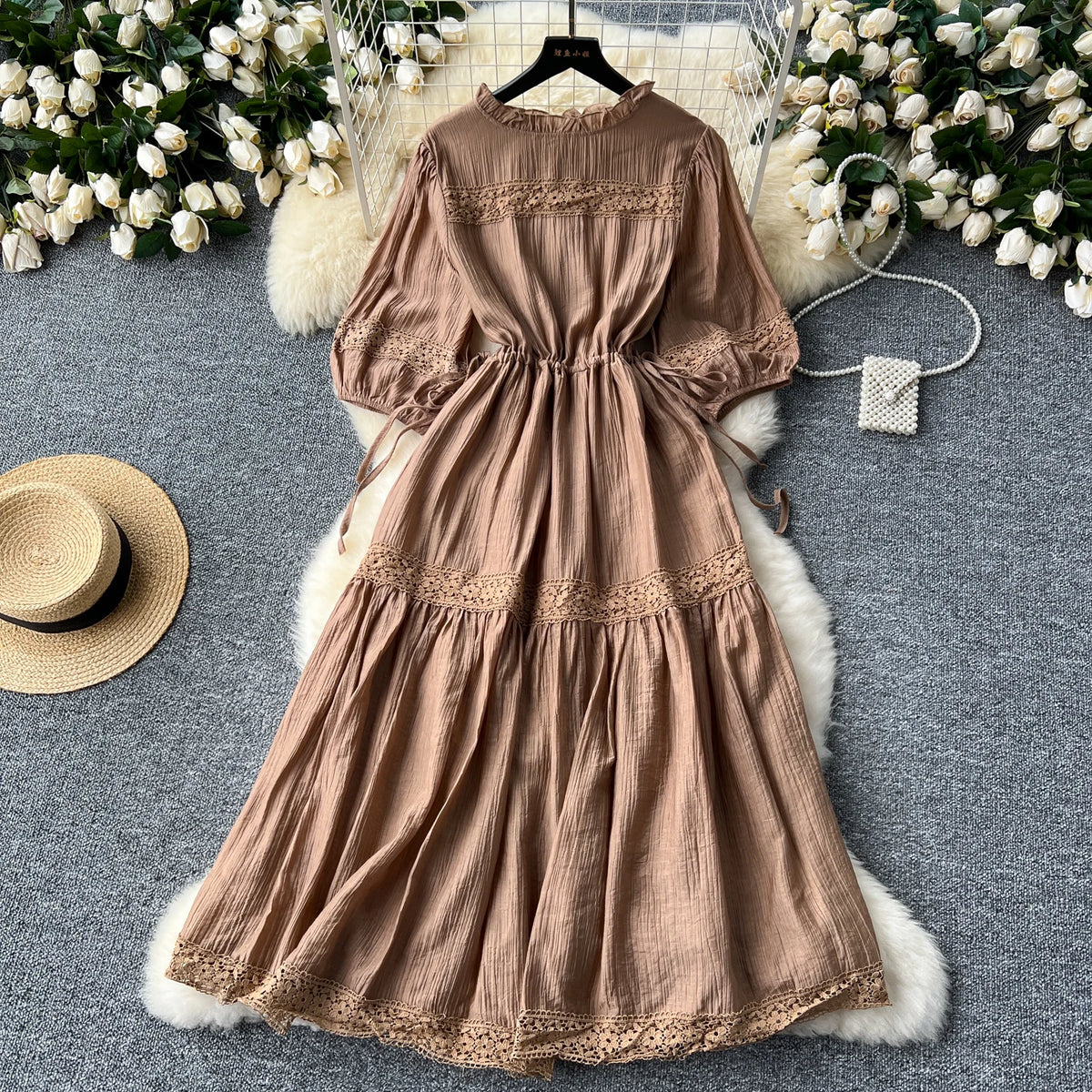 Lace Ruffle Lantern Sleeve Chiffon Dress