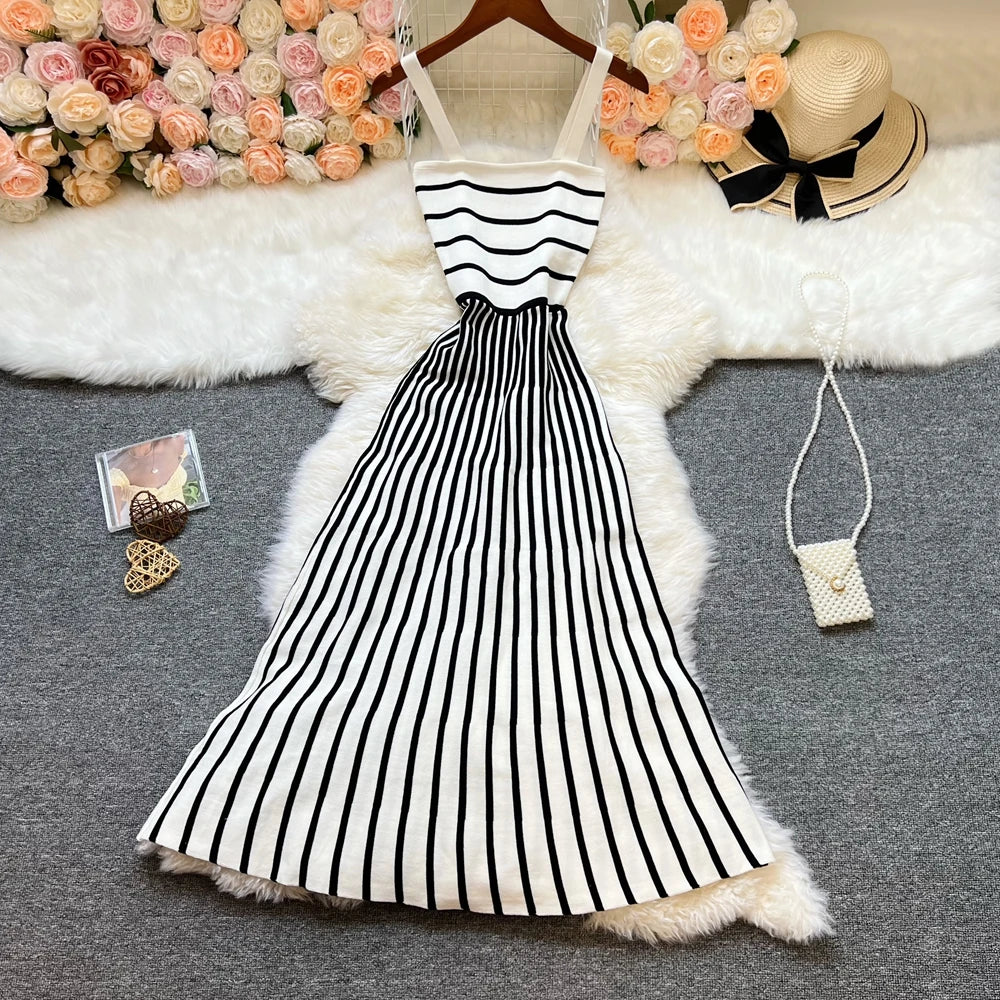Striped Patchwork Knit Strappy Maxi Dress