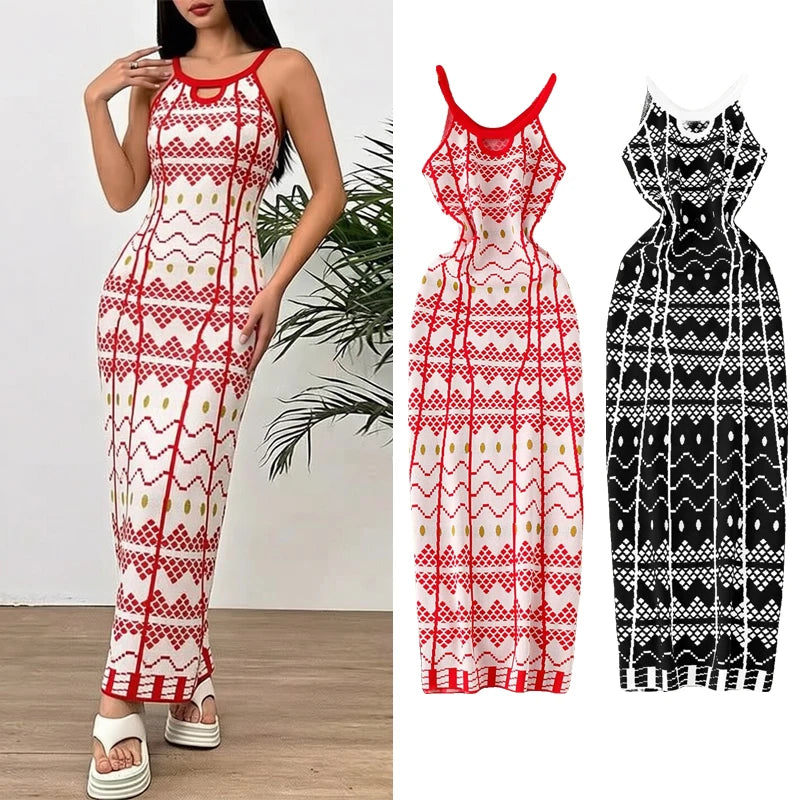 Printed Spaghetti Strap Knit Maxi Dress