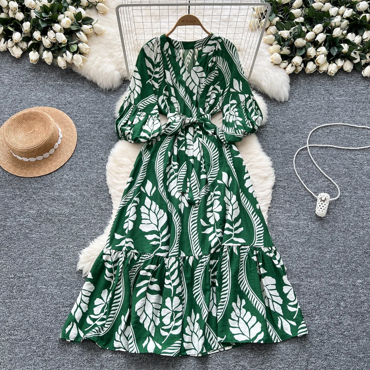 Print V-Neck Lantern Sleeve A-Line Maxi Dress