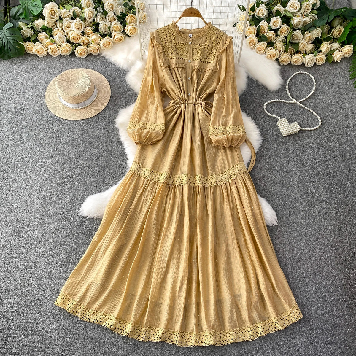 Rhinestone Lace Ruched Boho Long Dress