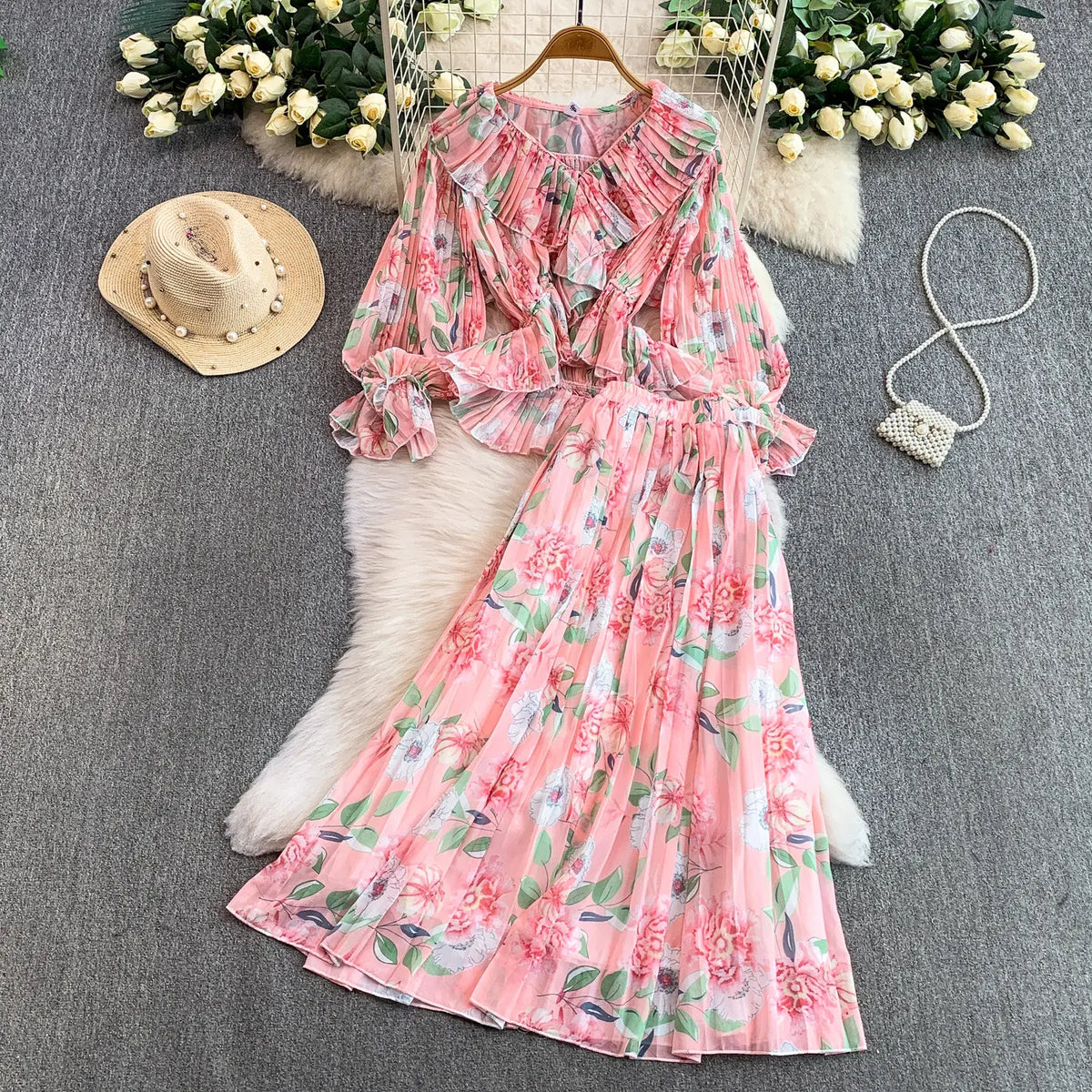 Ruched Print Long Sleeve Two-Piece Set