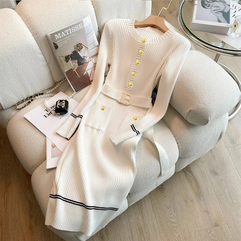 Belted Button Knit Bodycon Sweater Dress