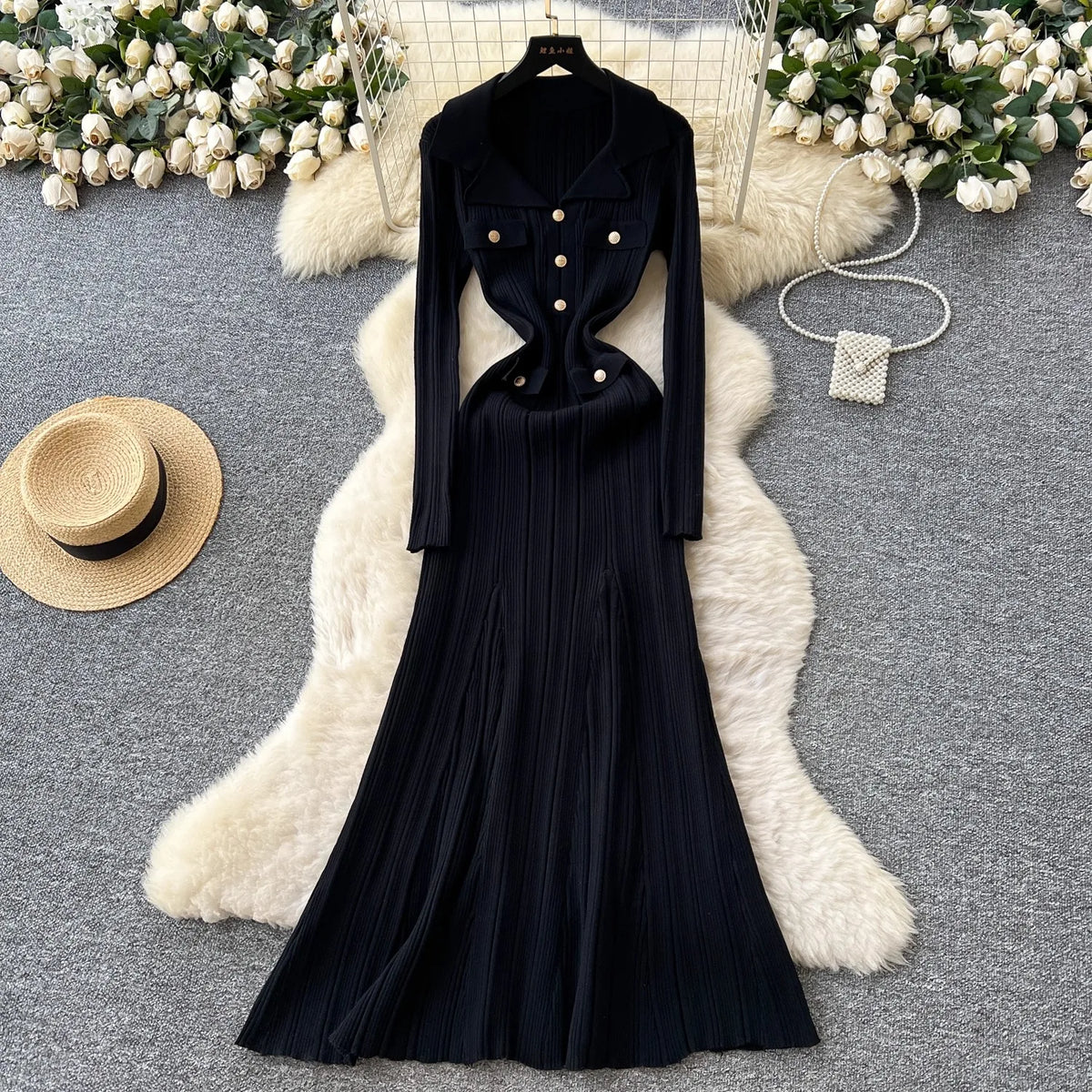 Collared Button Knit Office Sweater Dress