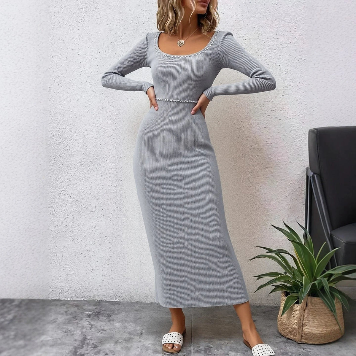 Pearl Detail Knit Bodycon Maxi Dress