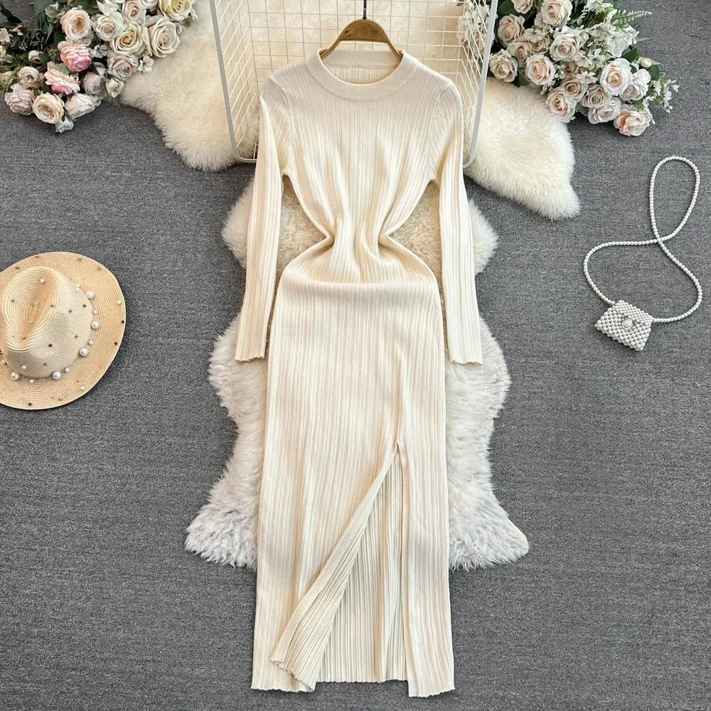 Ribbed High Slit Knit Maxi Dress