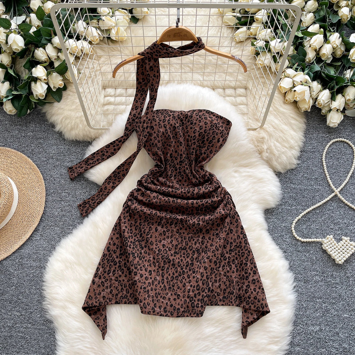 Leopard Halter Asymmetric Party Dress