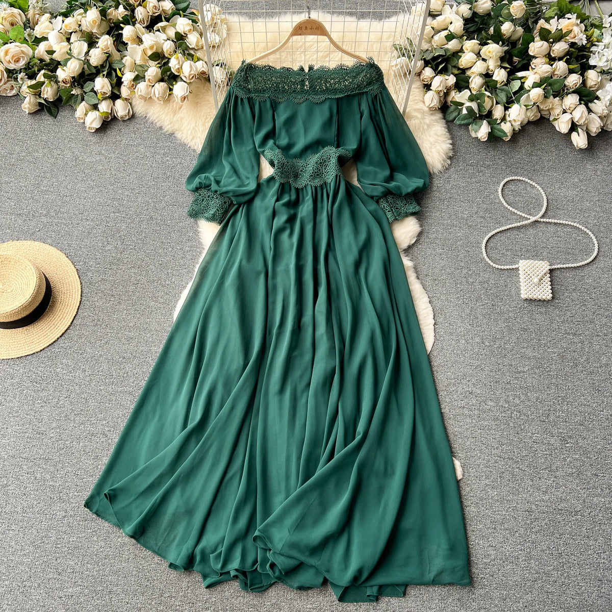 Off-Shoulder Lace Print A-Line Dress
