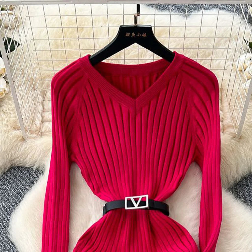 Ribbed Belted Knit Wrap Maxi Dress