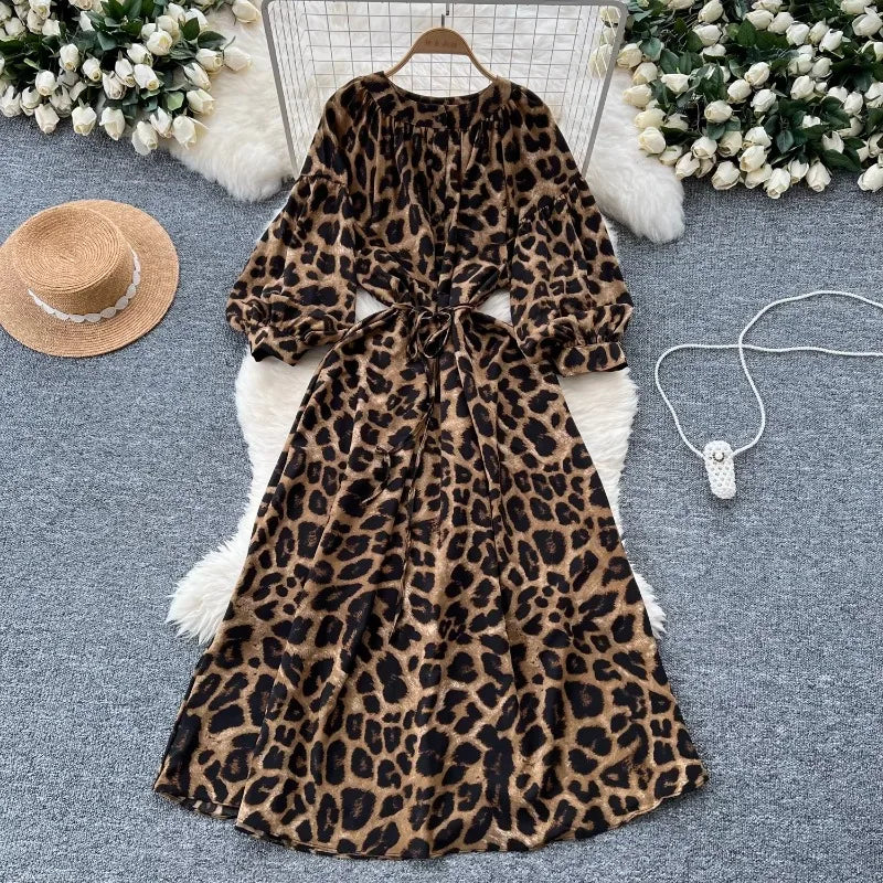 Leopard Print Lantern Sleeve Maxi Dress