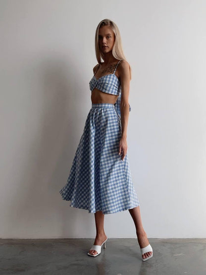 Mavi Pötikare Crop Top ve Midi Etek Takım