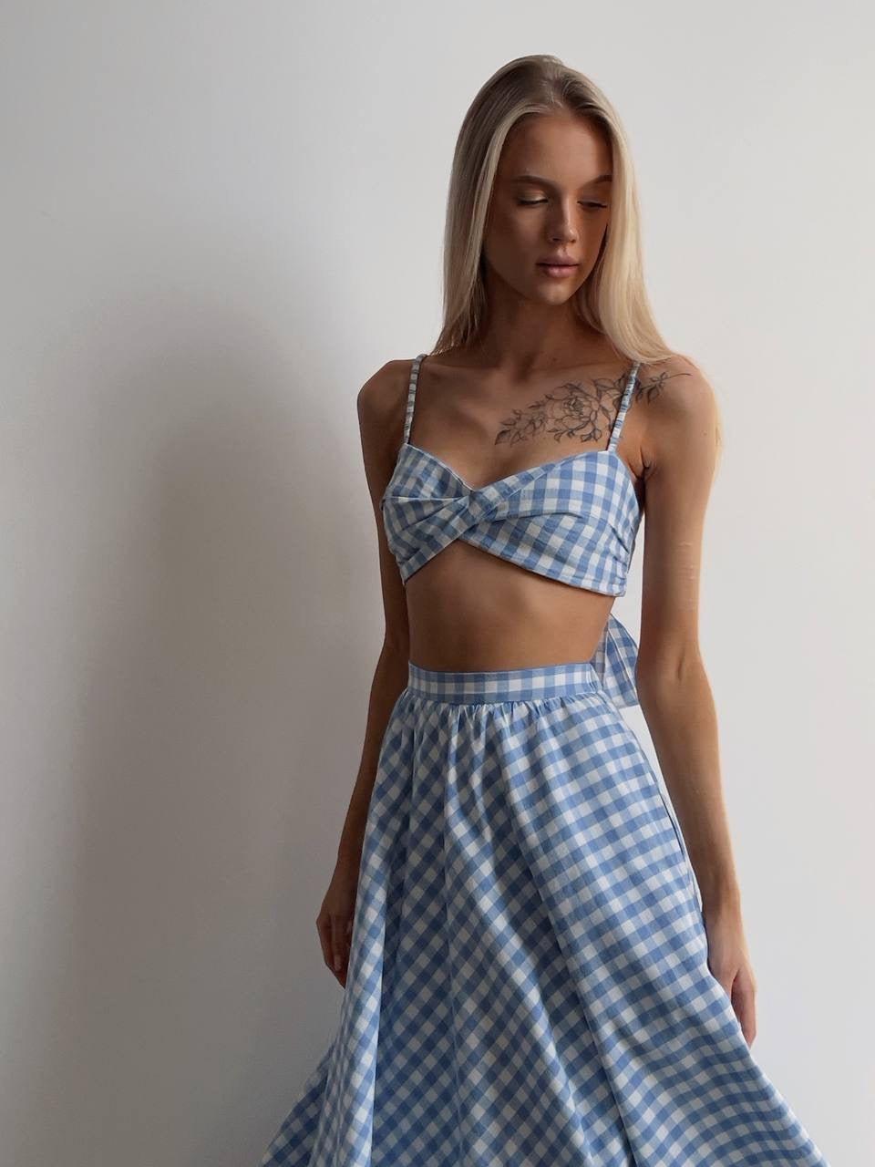 Mavi Pötikare Crop Top ve Midi Etek Takım