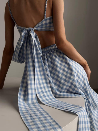 Mavi Pötikare Crop Top ve Midi Etek Takım