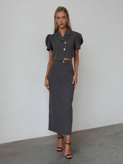 Zarif Gri Crop Ceket Takım