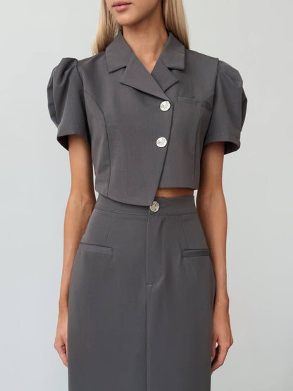 Zarif Gri Crop Ceket Takım