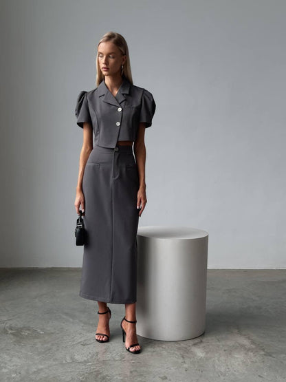 Zarif Gri Crop Ceket Takım