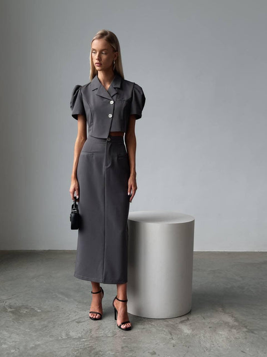 Zarif Gri Crop Ceket Takım