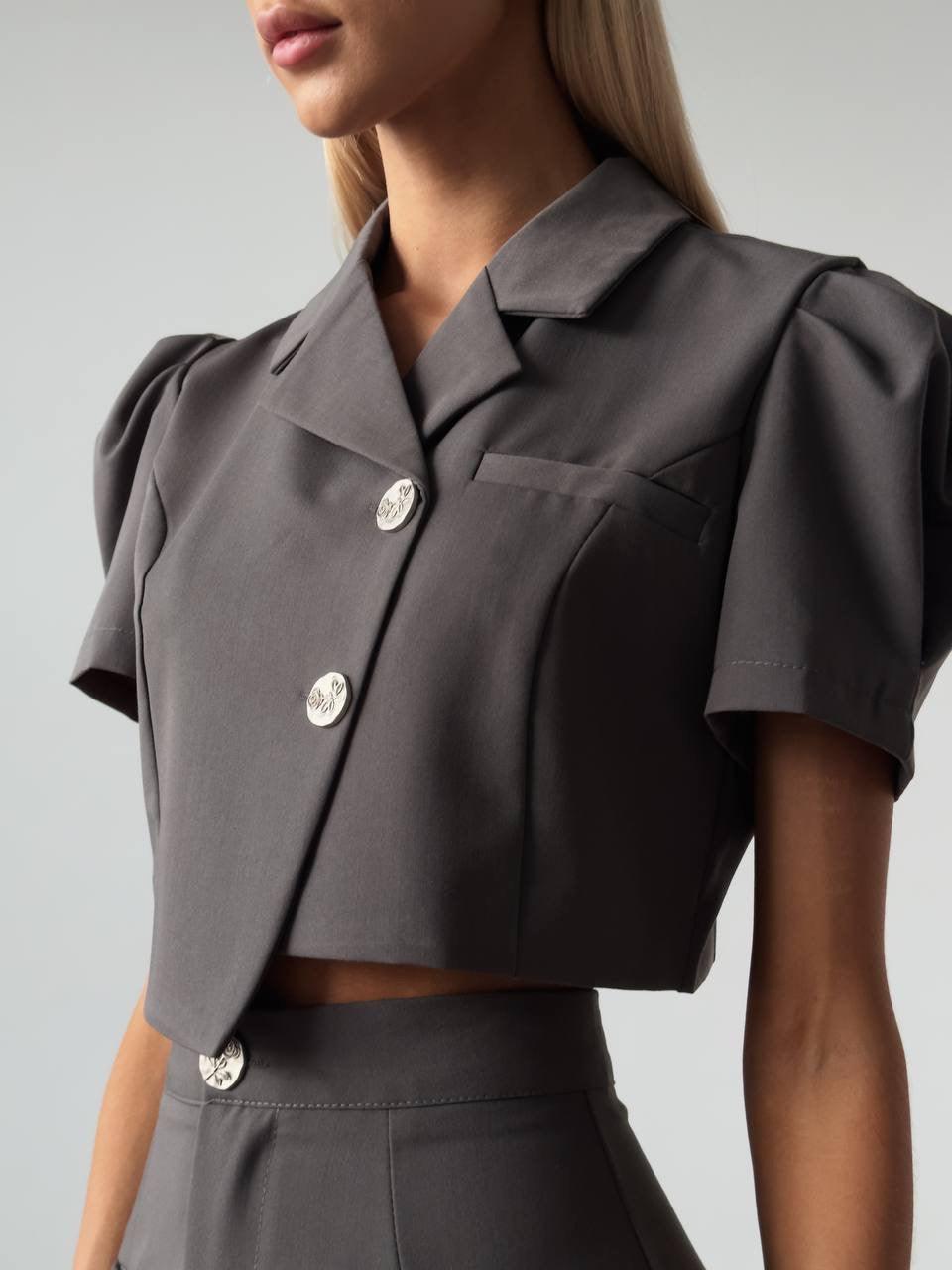 Zarif Gri Crop Ceket Takım