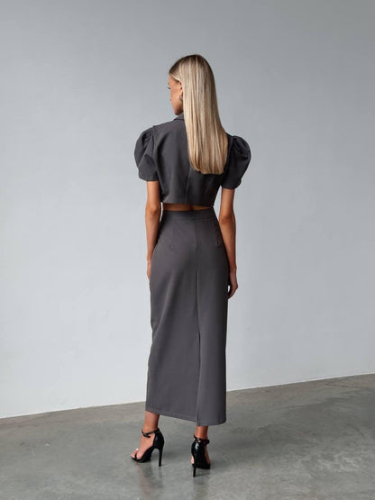 Zarif Gri Crop Ceket Takım