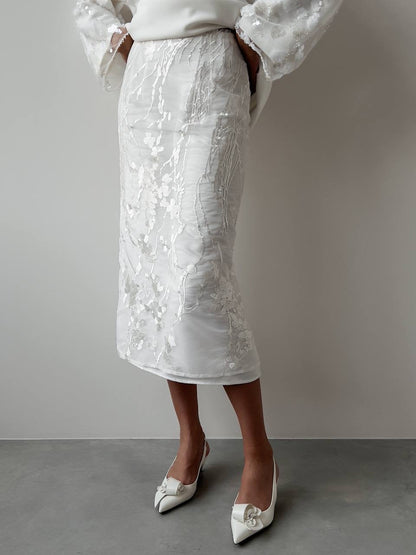 Zarif Beyaz Nakışlı İkili Takım