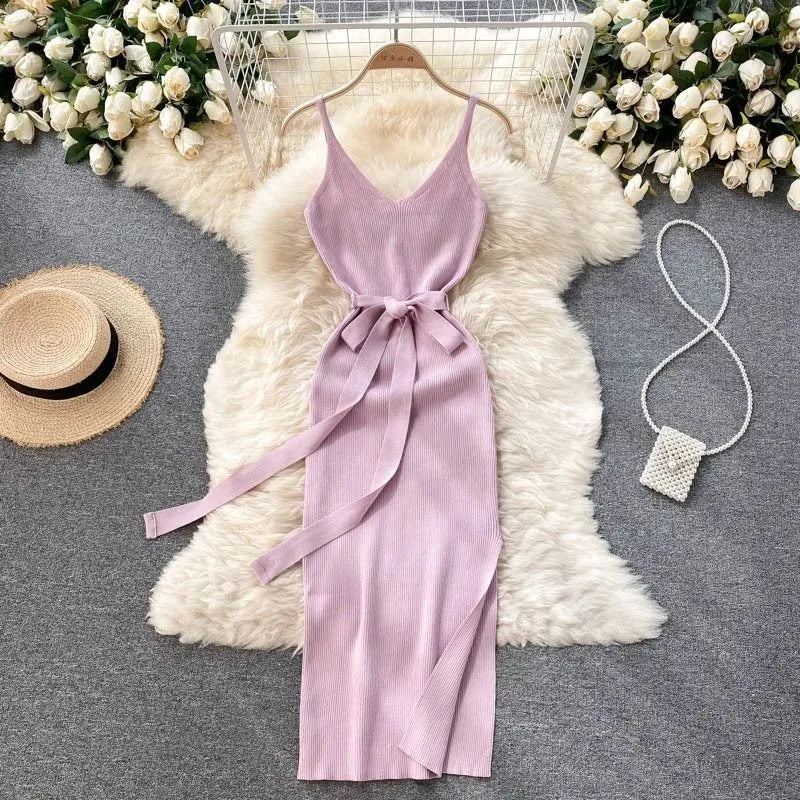 Belted V-Neck Split Knit Maxi Tank Dress